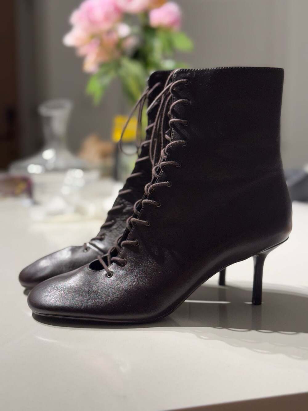 Zara Lace-Up Kitten Heel Ankle Boots Brown Size 41